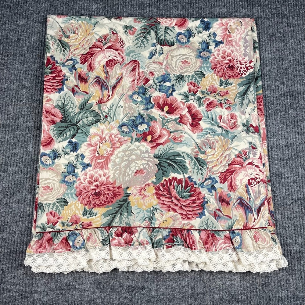 Vtg Cannon Flat Sheet Percale Floral Dahlia Garden Lace Cottagecore Made in USA